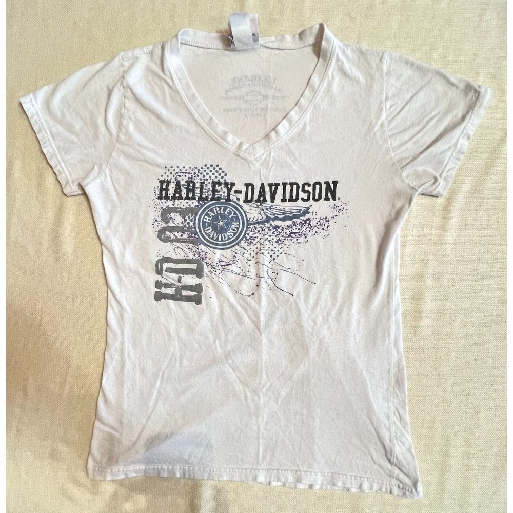 Harley Davidson Redline Saskatoon Canada V-Neck White Short Sleeve Women Shirt M